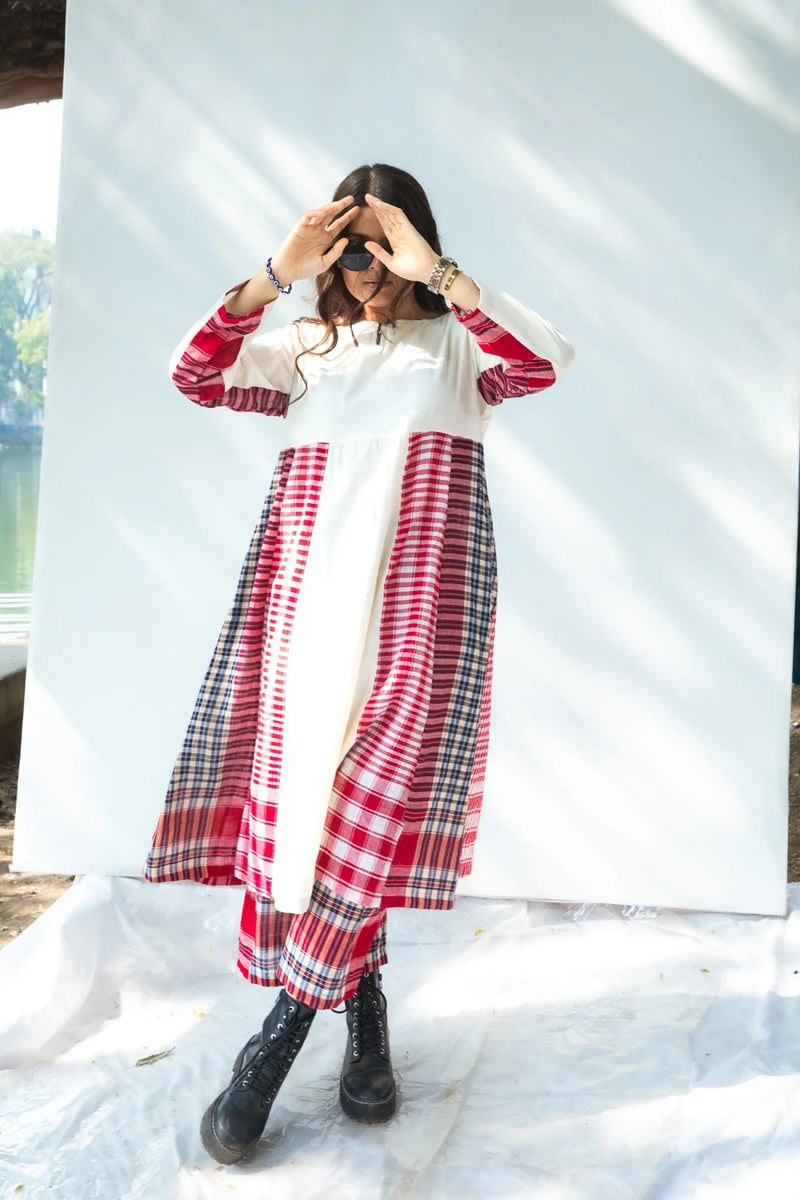 Side Panelled Dress + Palazzo Set (2 Piece Set) cotton,gamcha kurta/kurta set by 145 East in red, white for women in Singapore