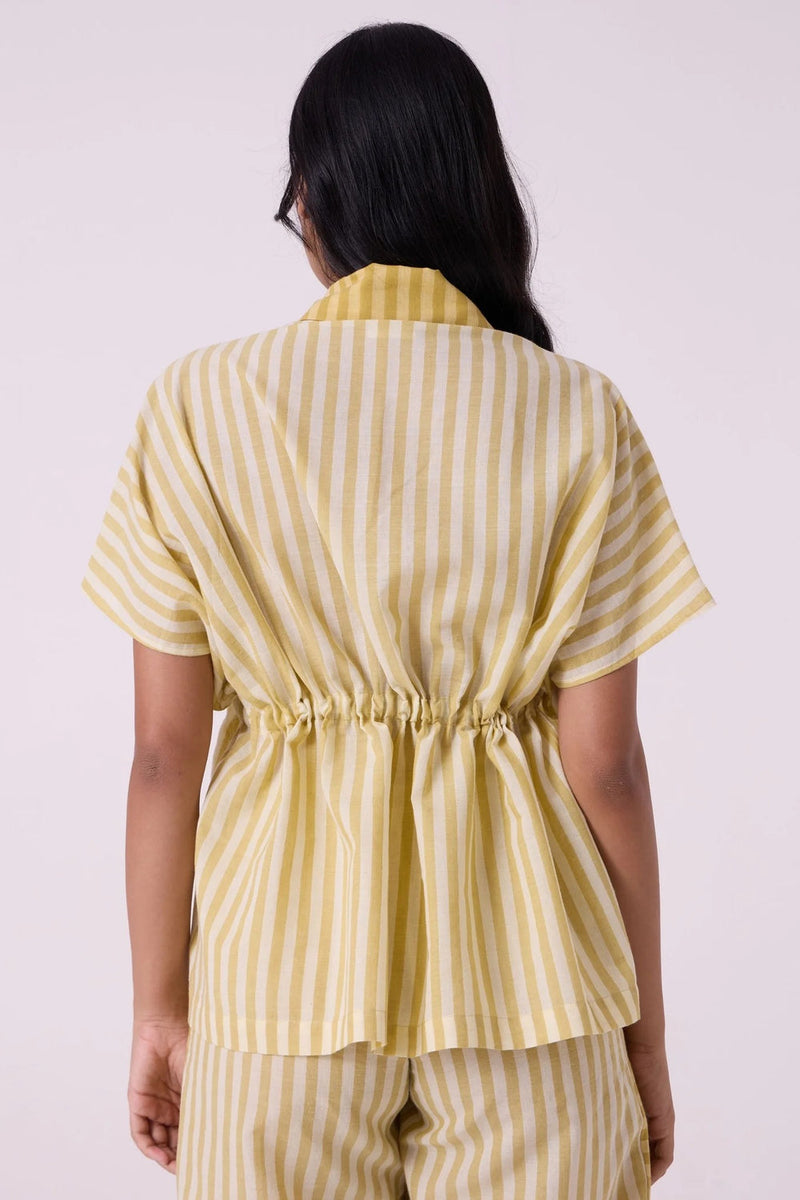 Sajith Yellow Striped Handwoven Tie Top handwoven cotton top/shirt by The Summer House in yellow for women in Singapore