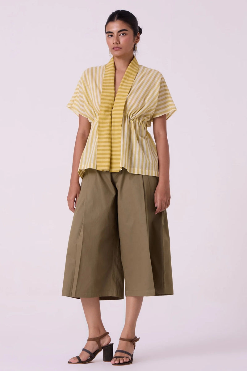 Sajith Yellow Striped Handwoven Tie Top handwoven cotton top/shirt by The Summer House in yellow for women in Singapore