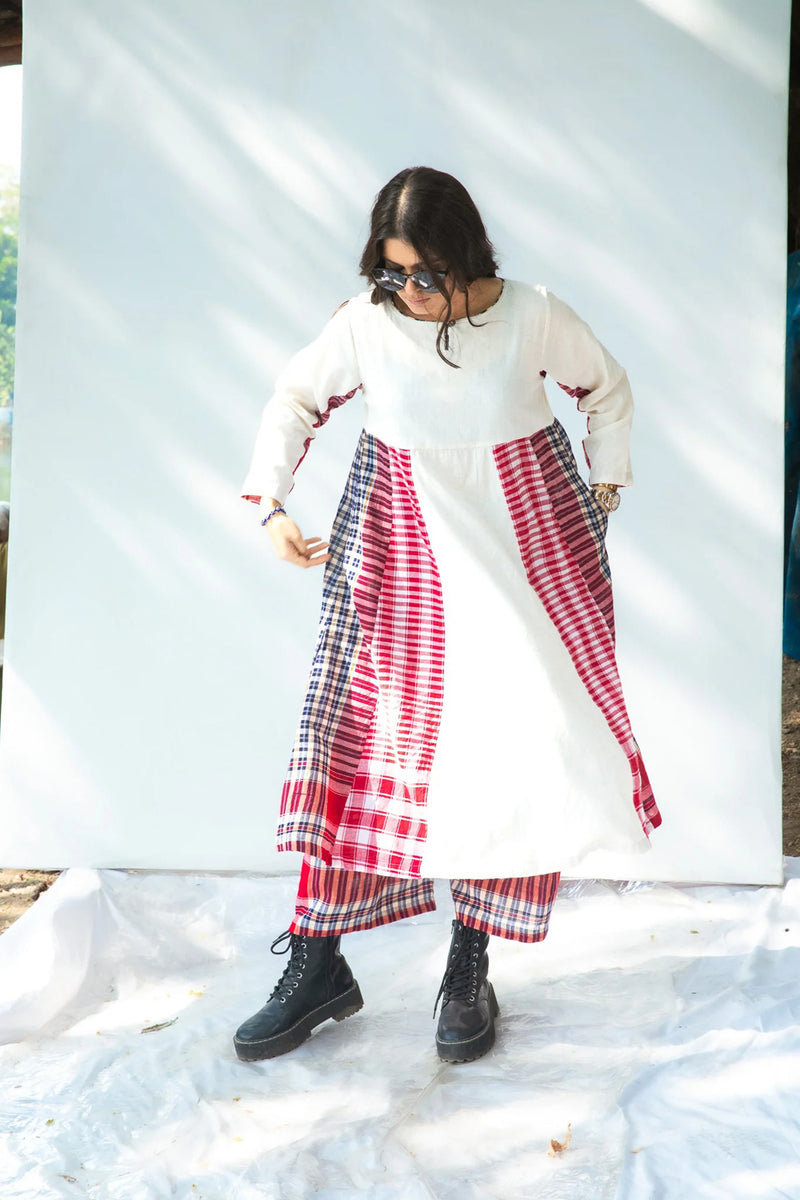 Side Panelled Dress + Palazzo Set (2 Piece Set) cotton,gamcha kurta/kurta set by 145 East in red, white for women in Singapore