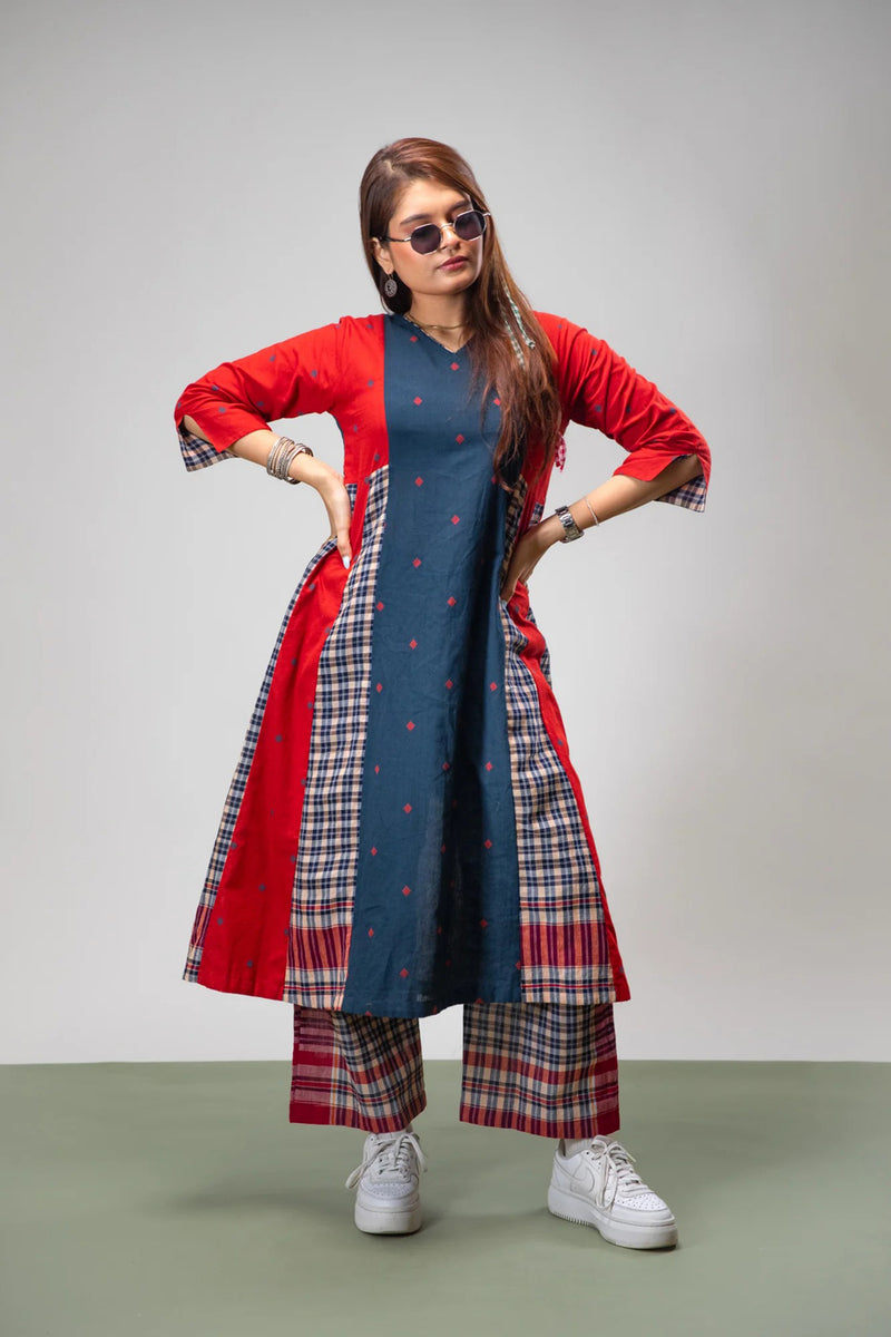 Poppy Set (Dress + Palazzo) cotton,gamcha co-ord set by 145 East in red, blue for women in Singapore