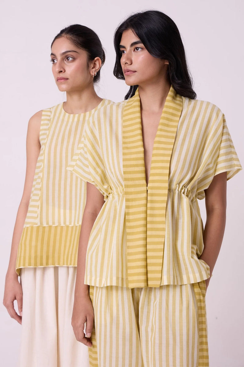 Sajith Yellow Striped Handwoven Tie Top handwoven cotton top/shirt by The Summer House in yellow for women in Singapore
