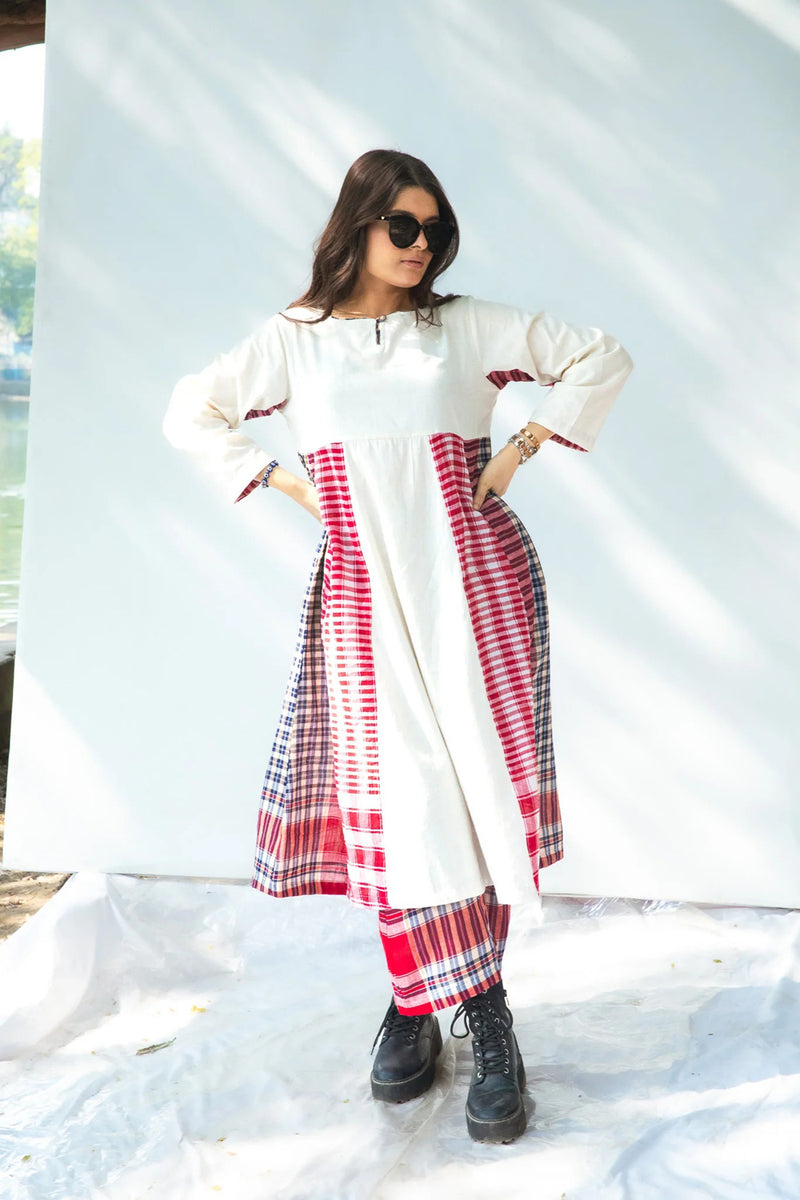 Side Panelled Dress + Palazzo Set (2 Piece Set) cotton,gamcha kurta/kurta set by 145 East in red, white for women in Singapore