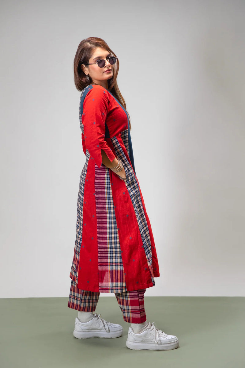 Poppy Set (Dress + Palazzo) cotton,gamcha co-ord set by 145 East in red, blue for women in Singapore