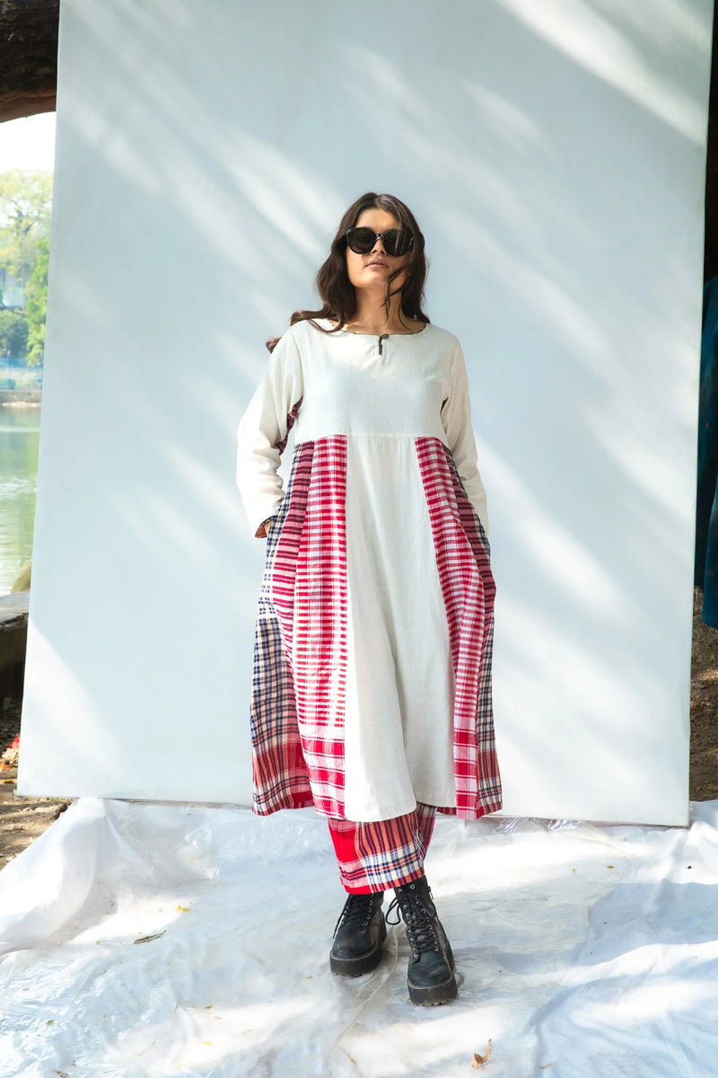 Side Panelled Dress + Palazzo Set (2 Piece Set) cotton,gamcha kurta/kurta set by 145 East in red, white for women in Singapore