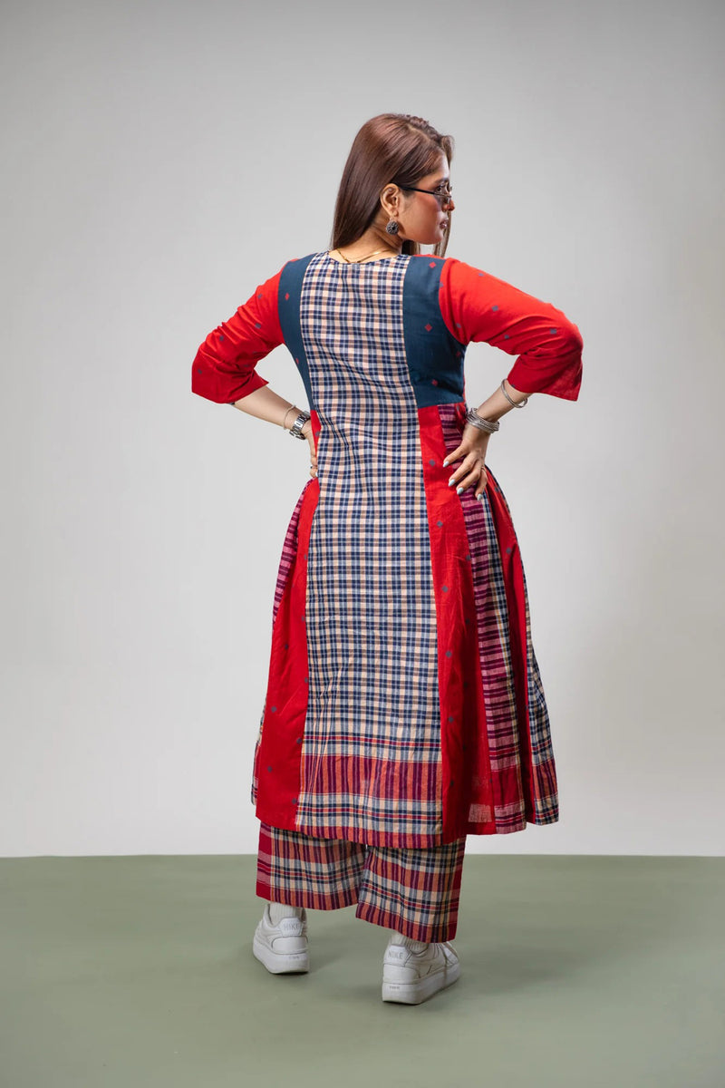 Poppy Set (Dress + Palazzo) cotton,gamcha co-ord set by 145 East in red, blue for women in Singapore