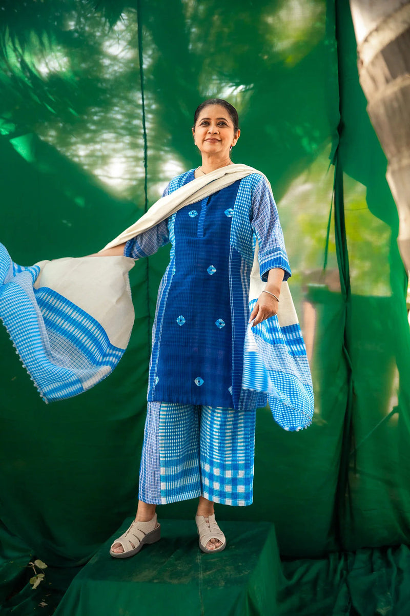 Blue Tie-Dye ColourBlock Dress Set gamcha + cotton co-ord set by 145 East in blue, white for women in Singapore
