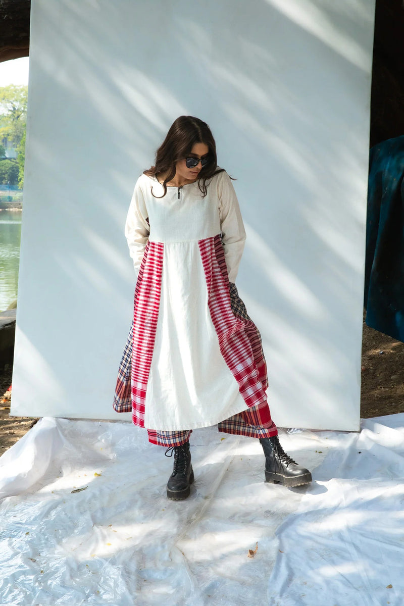 Side Panelled Dress + Palazzo Set (2 Piece Set) cotton,gamcha kurta/kurta set by 145 East in red, white for women in Singapore