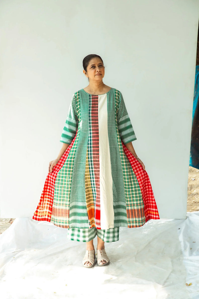The Green Beret 16 Panelled Set cotton,gamcha co-ord set by 145 East in green for women in Singapore
