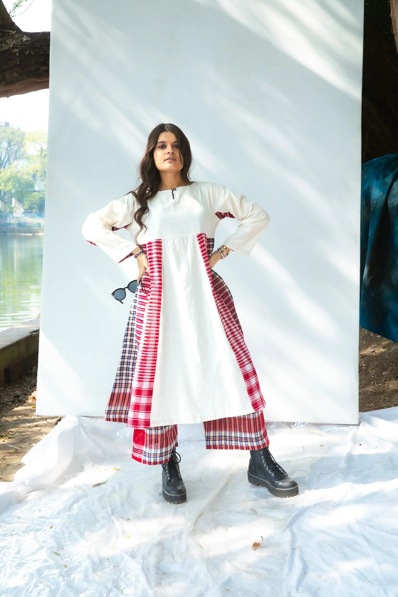 Side Panelled Dress + Palazzo Set (2 Piece Set) cotton,gamcha kurta/kurta set by 145 East in red, white for women in Singapore
