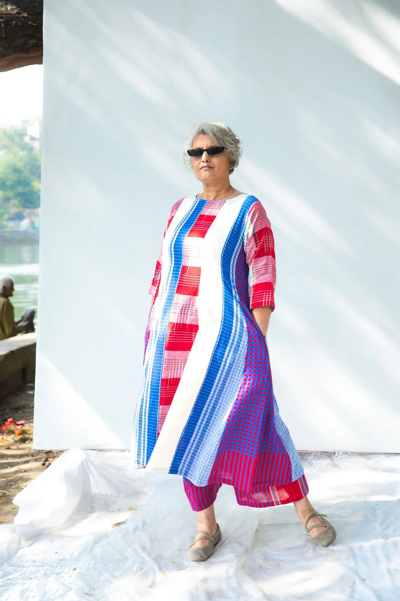 Miss Marvel 16 Panelled Set cotton,gamcha co-ord set by 145 East in red, blue, white for women in Singapore
