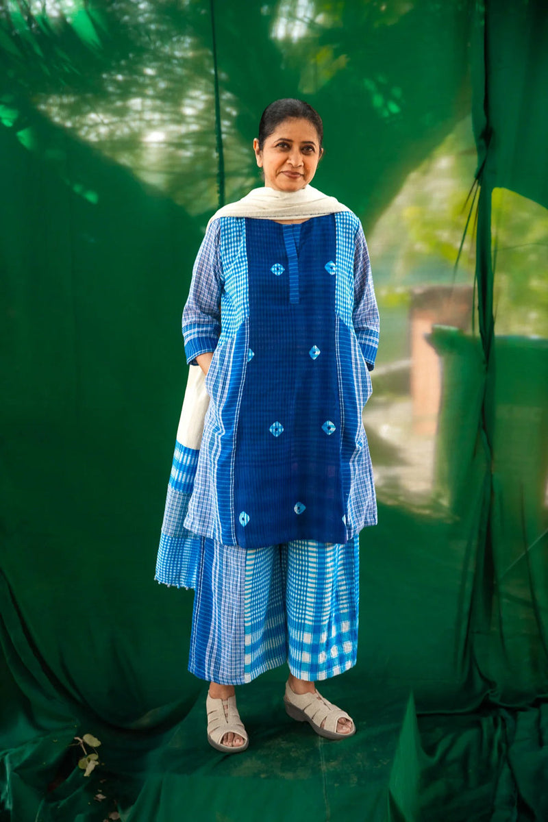 Blue Tie-Dye ColourBlock Dress Set gamcha + cotton co-ord set by 145 East in blue, white for women in Singapore