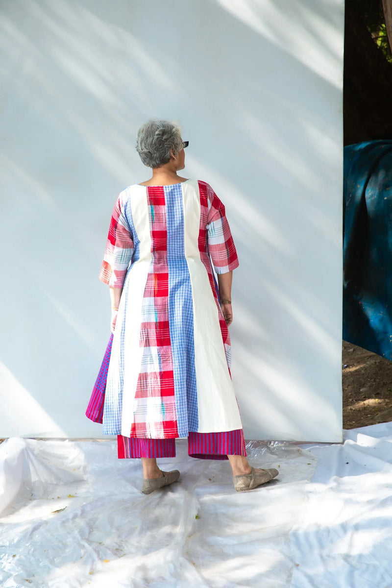 Miss Marvel 16 Panelled Set cotton,gamcha co-ord set by 145 East in red, blue, white for women in Singapore