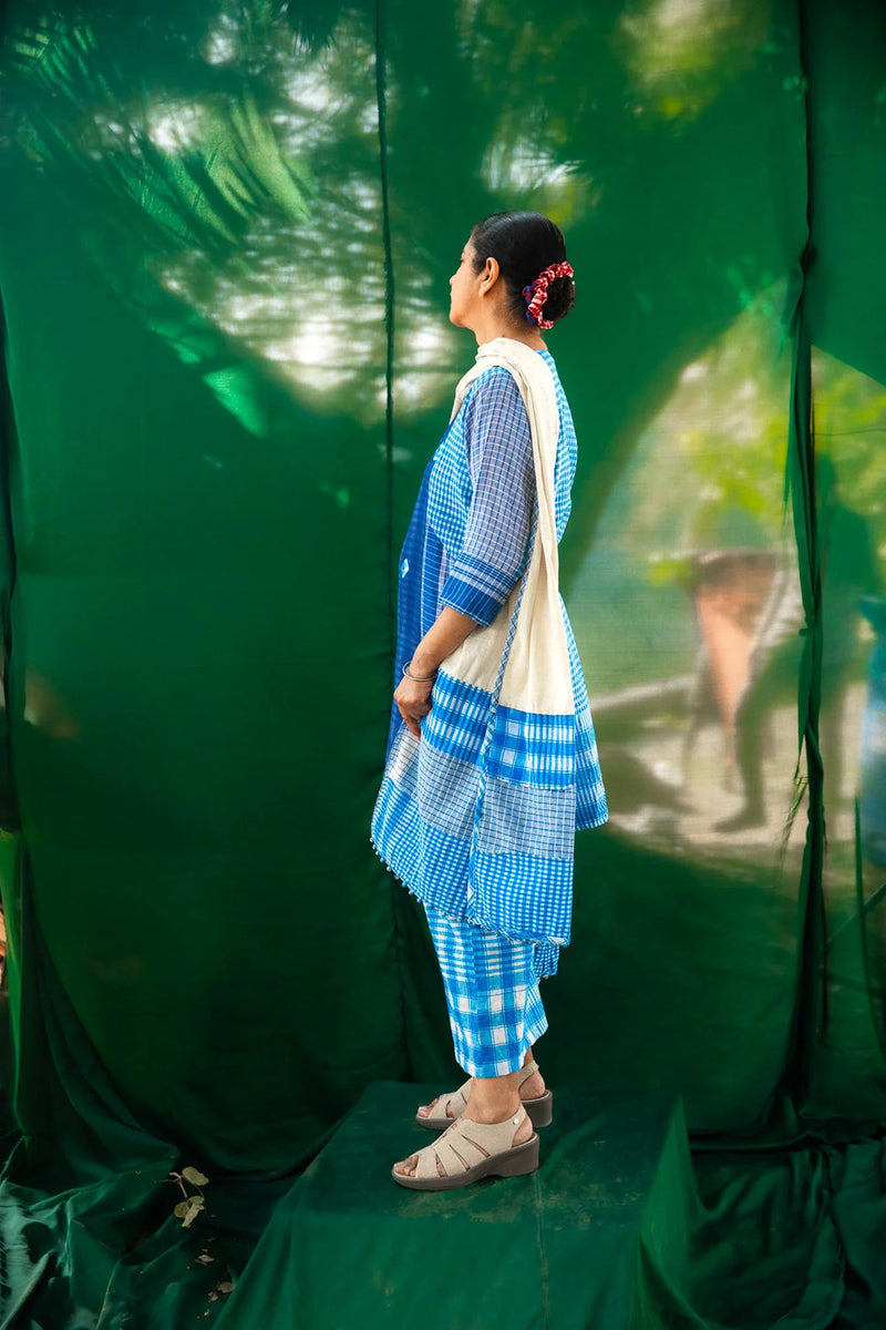 Blue Tie-Dye ColourBlock Dress Set gamcha + cotton co-ord set by 145 East in blue, white for women in Singapore