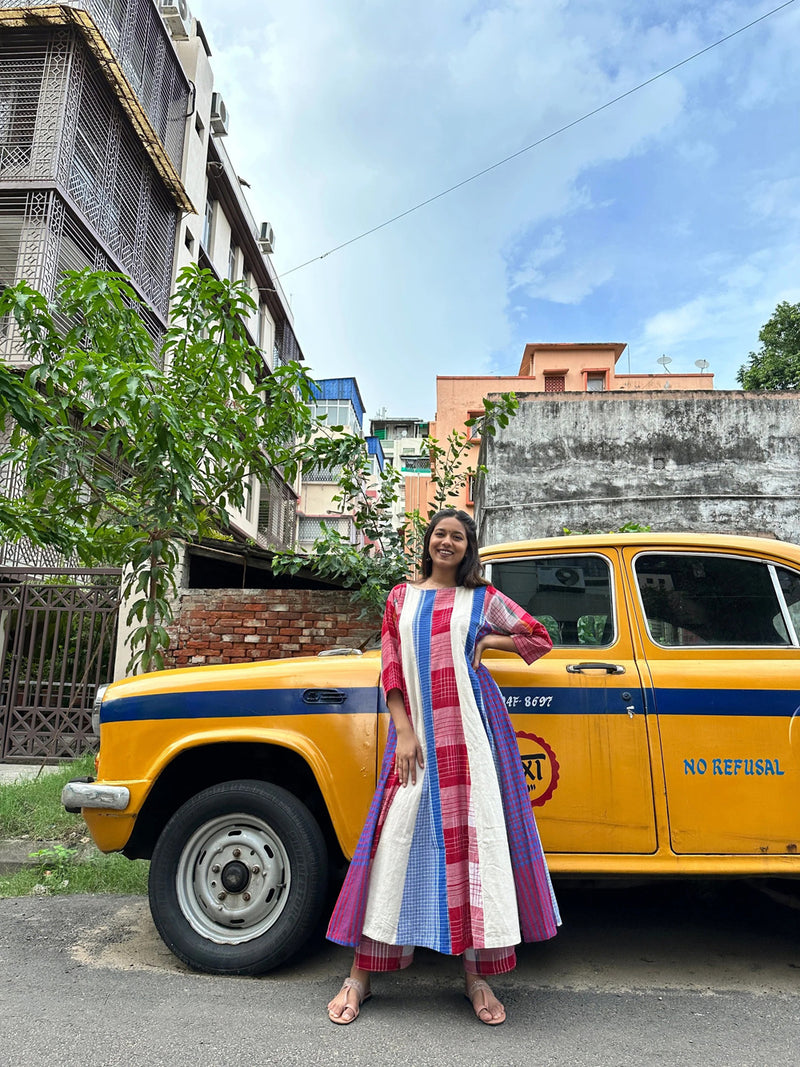 Miss Marvel 16 Panelled Set cotton,gamcha co-ord set by 145 East in red, blue, white for women in Singapore