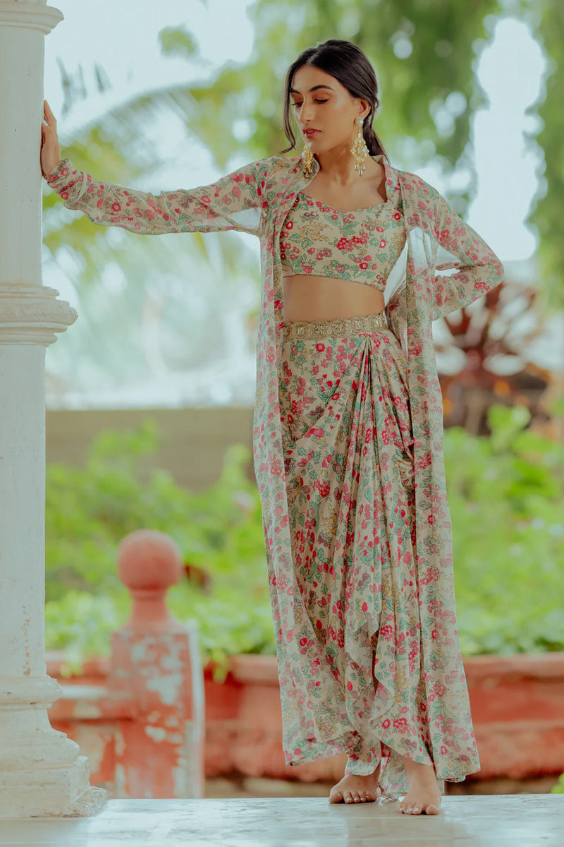 Rhea Jacket Set georgette indo-western by Paulmi & Harsh in ivory for women in Singapore