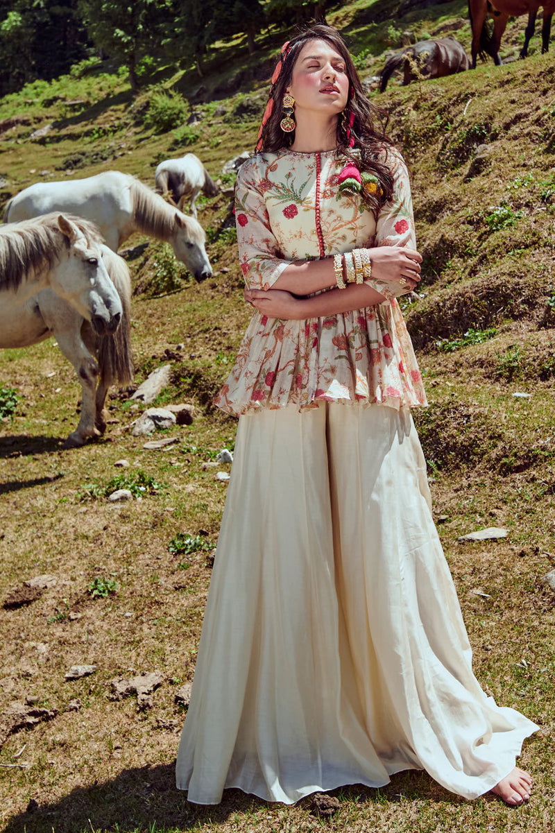 Ivora Peplum Set malai chanderi indo-western by Paulmi & Harsh in ivory for women in Singapore