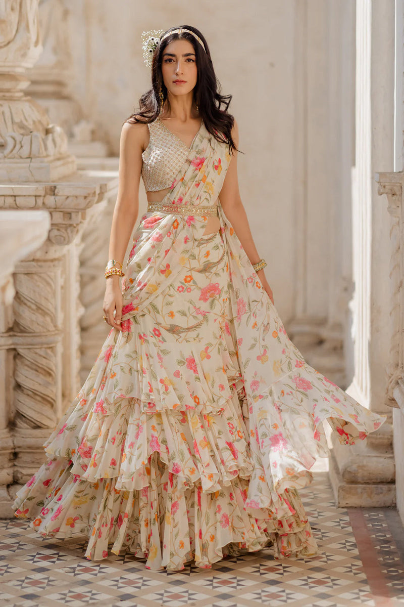 Isra Saree Set viscose georgette saree by Paulmi & Harsh in ivory for women in Singapore