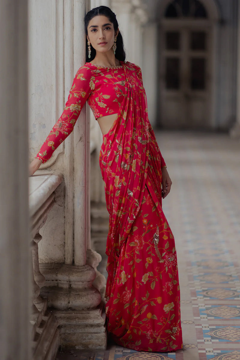 Alaia Saree Set – Peony Pink viscose georgette saree by Paulmi & Harsh in red for women in Singapore