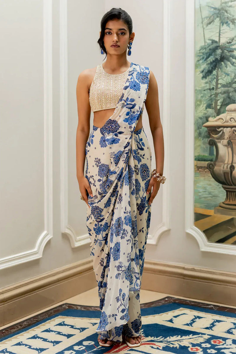 Emily Saree Set – Ivory georgette saree by Paulmi & Harsh in blue for women in Singapore