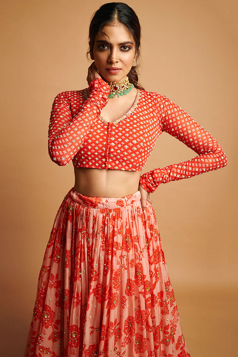 Malavika Mohanan In The Nadya Lehenga Set viscose georgette lehenga sets by Paulmi & Harsh in orange for women in Singapore