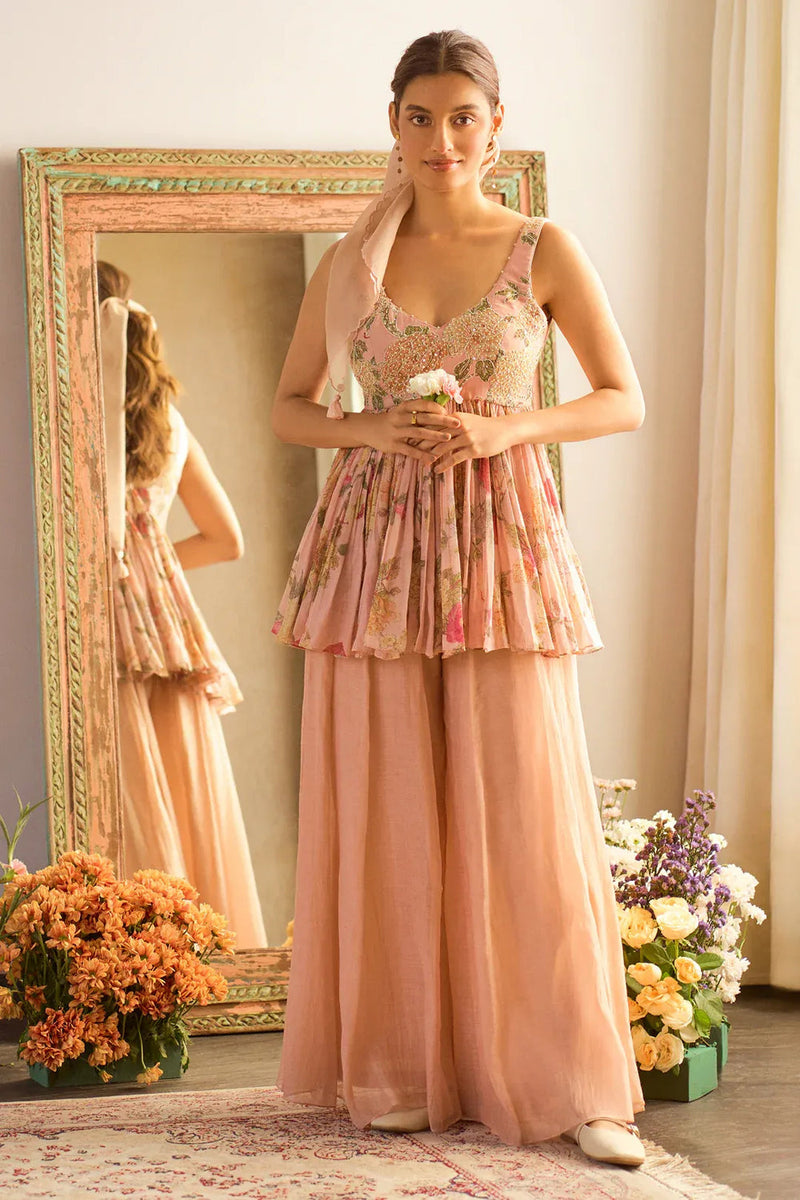Chloe Peplum Set malai chanderi indo-western by Paulmi & Harsh in peach for women in Singapore