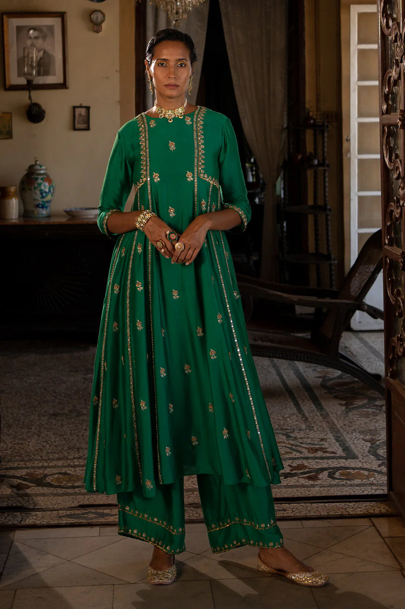 Aakasha Anarkali Set chiniya silk kurta/kurta set by Paulmi & Harsh in green for women in Singapore