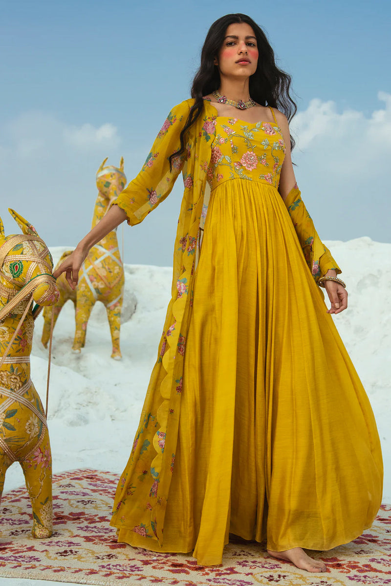 Yara Jacket Set cotton silk indo-western by Paulmi & Harsh in yellow for women in Singapore