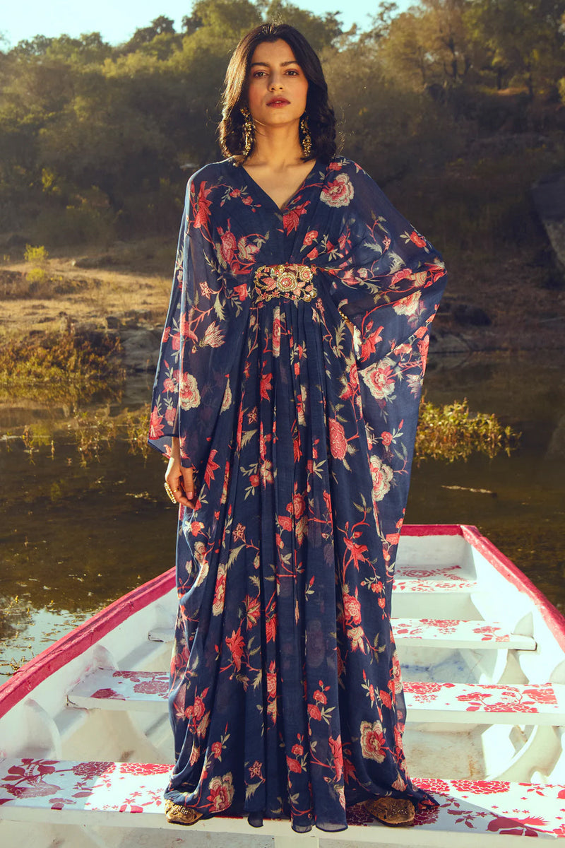 Hazel Kaftan – Indigo Chintz viscose georgette indo-western by Paulmi & Harsh in blue for women in Singapore