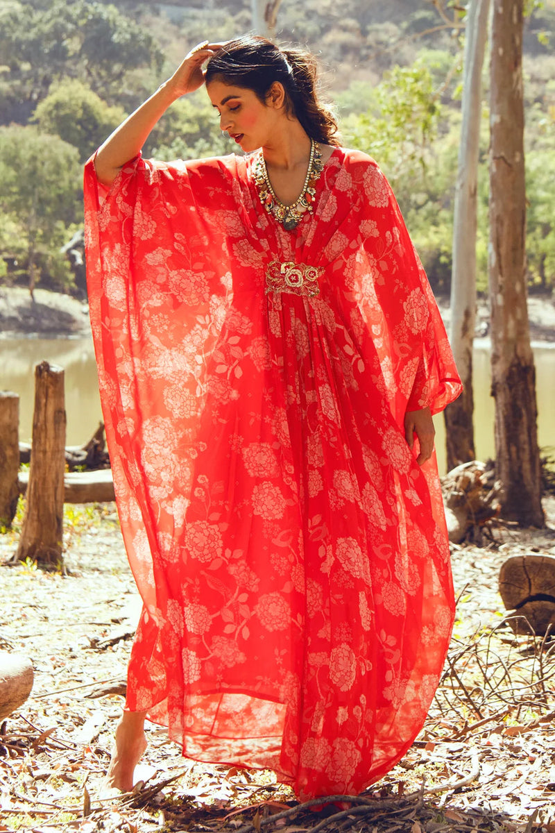 Hazel Kaftan – Red viscose georgette indo-western by Paulmi & Harsh in orange for women in Singapore