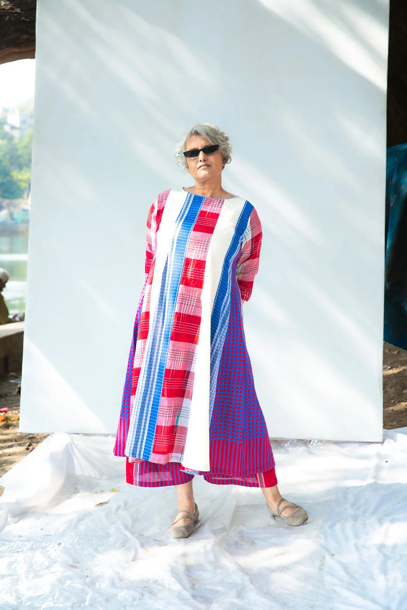 Miss Marvel 16 Panelled Set cotton,gamcha co-ord set by 145 East in red, blue, white for women in Singapore