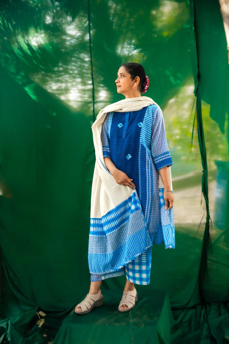 Blue Tie-Dye ColourBlock Dress Set gamcha + cotton co-ord set by 145 East in blue, white for women in Singapore