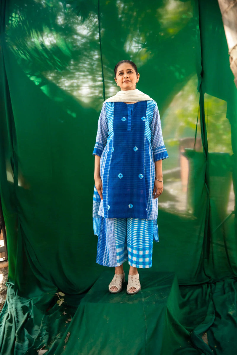 Blue Tie-Dye ColourBlock Dress Set gamcha + cotton co-ord set by 145 East in blue, white for women in Singapore