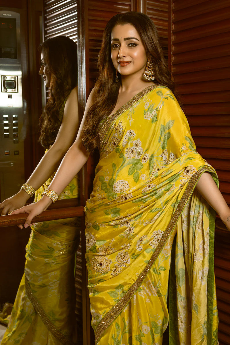 Trisha Krishnan In The Trisha Saree Set crepe saree by Paulmi & Harsh in yellow for women in Singapore
