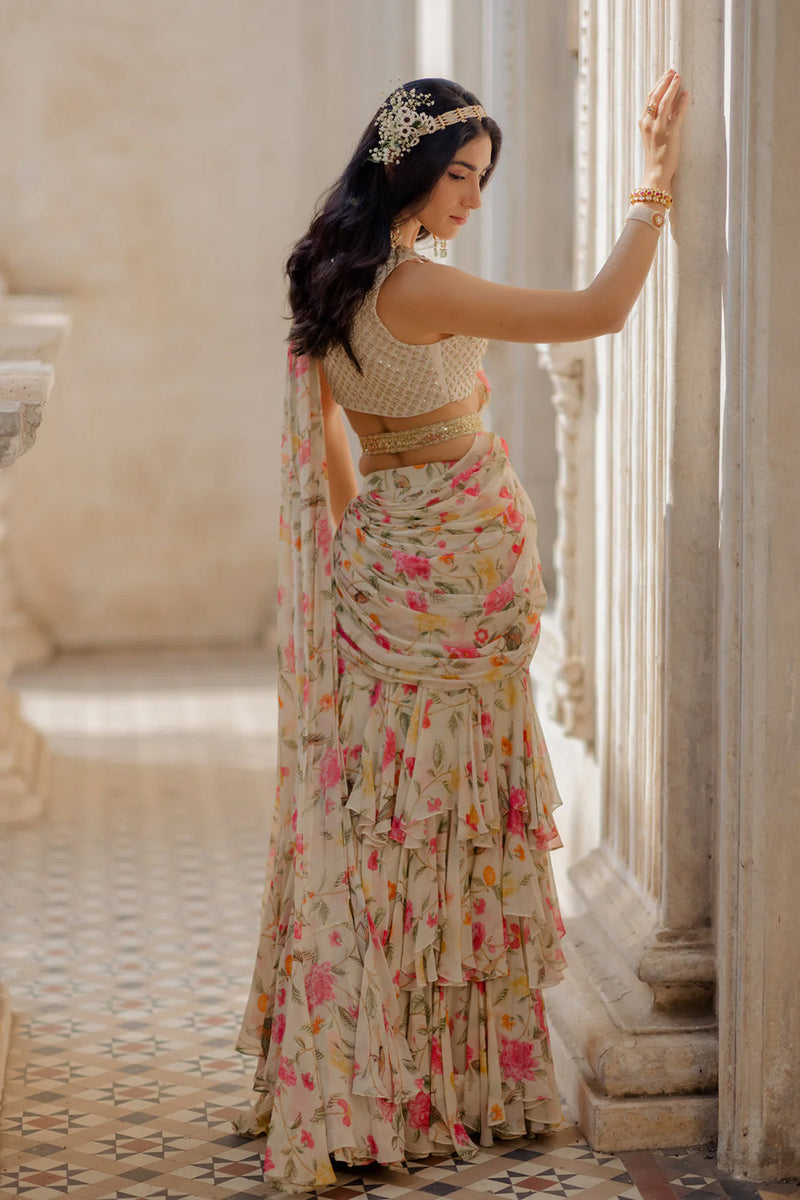 Isra Saree Set viscose georgette saree by Paulmi & Harsh in ivory for women in Singapore