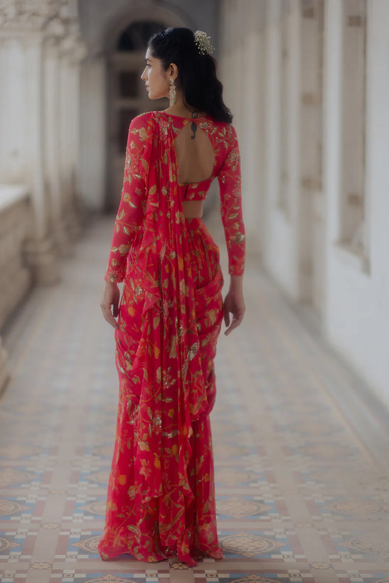 Alaia Saree Set – Peony Pink viscose georgette saree by Paulmi & Harsh in red for women in Singapore