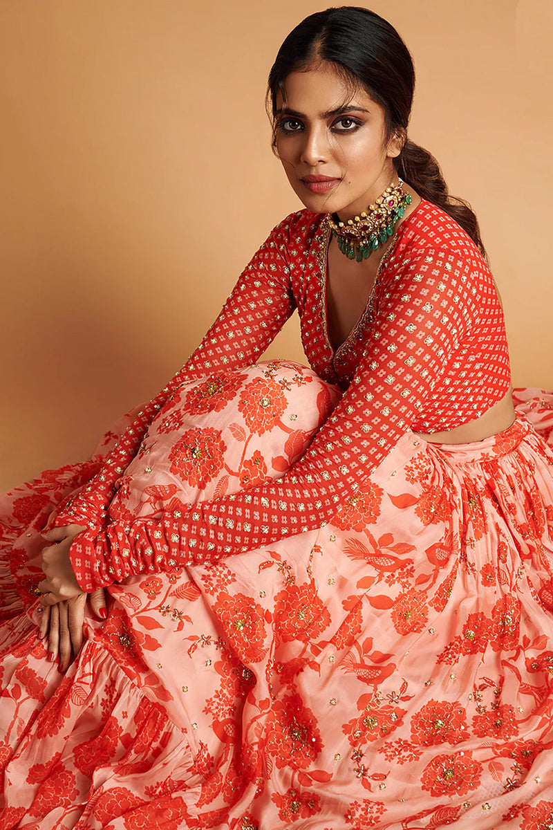 Malavika Mohanan In The Nadya Lehenga Set viscose georgette lehenga sets by Paulmi & Harsh in orange for women in Singapore