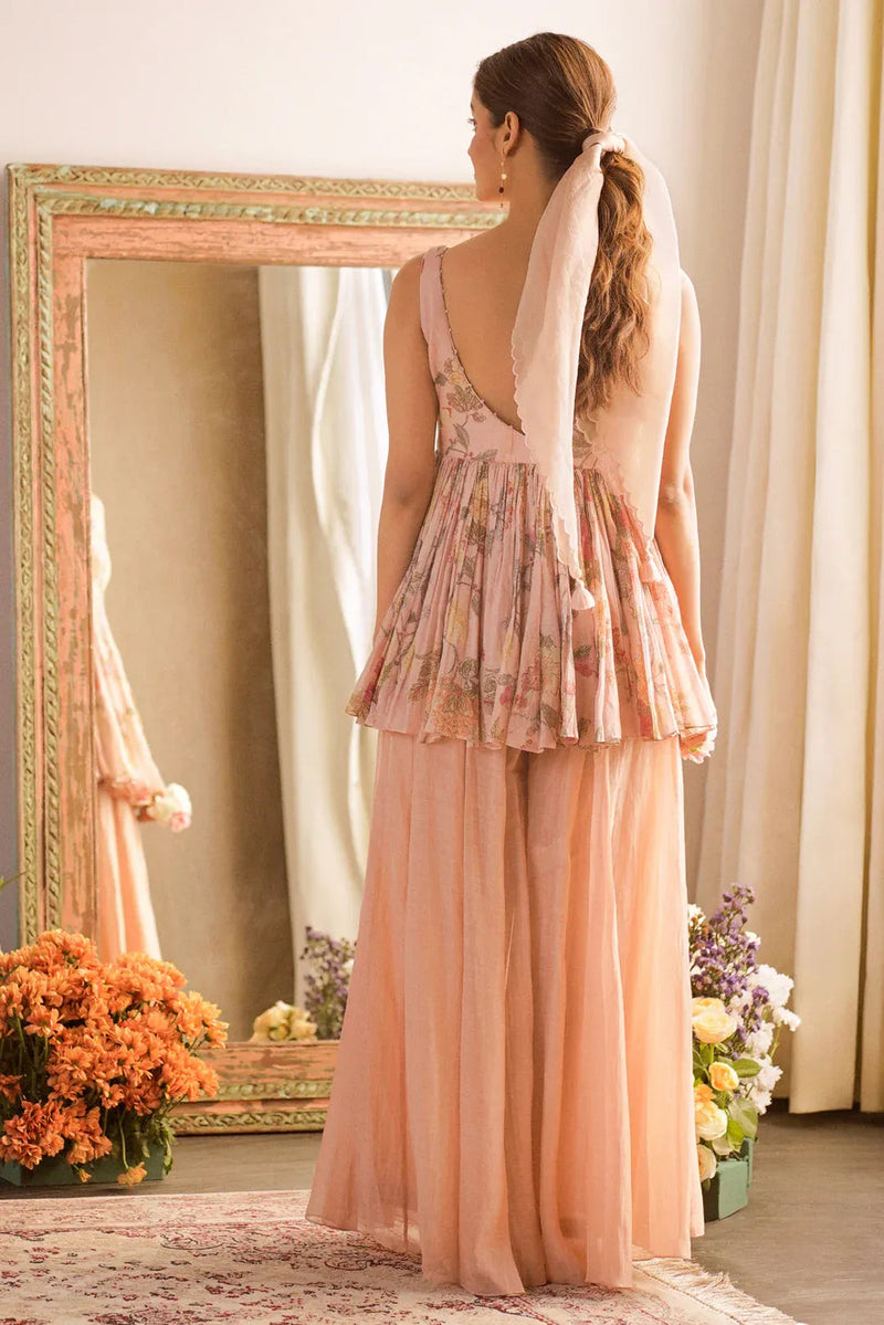 Chloe Peplum Set malai chanderi indo-western by Paulmi & Harsh in peach for women in Singapore