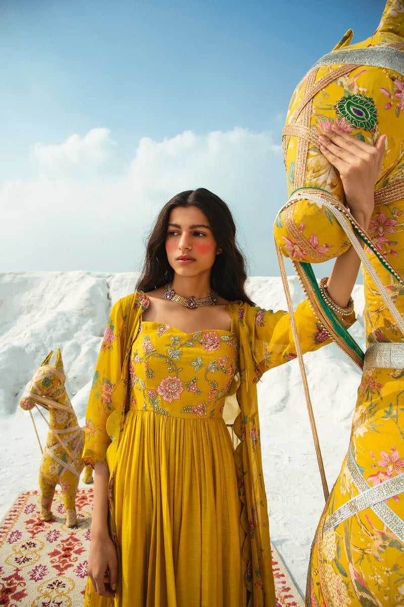 Yara Jacket Set cotton silk indo-western by Paulmi & Harsh in yellow for women in Singapore