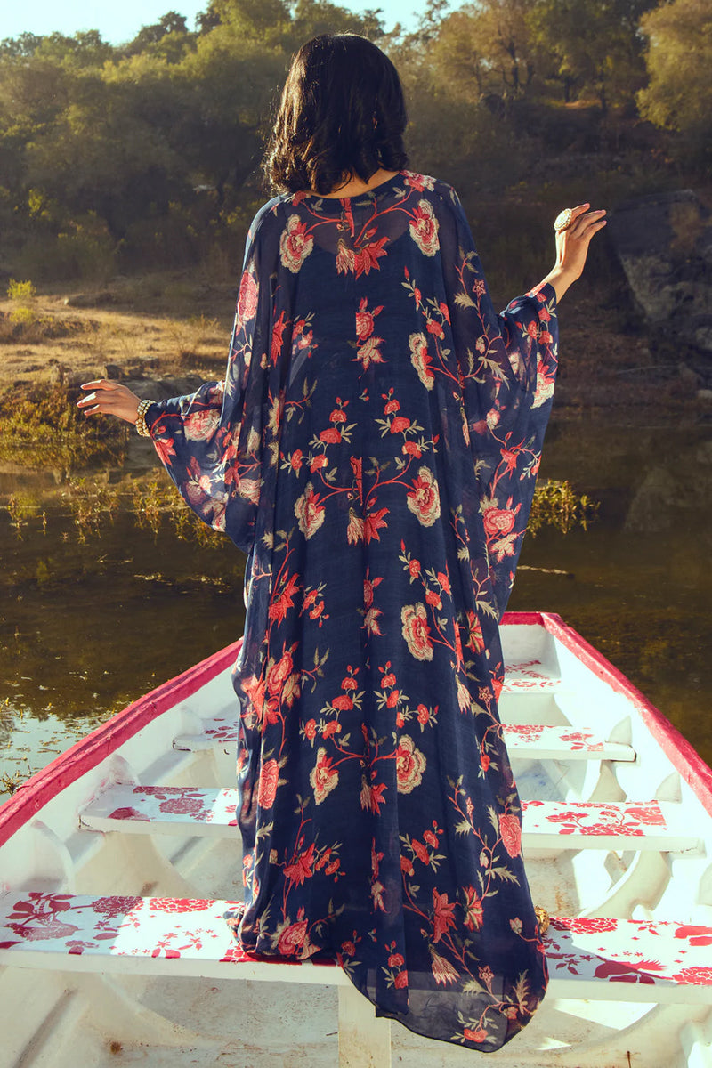 Hazel Kaftan – Indigo Chintz viscose georgette indo-western by Paulmi & Harsh in blue for women in Singapore