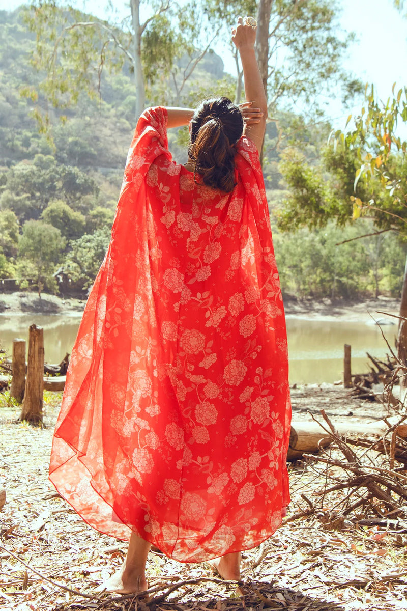 Hazel Kaftan – Red viscose georgette indo-western by Paulmi & Harsh in orange for women in Singapore