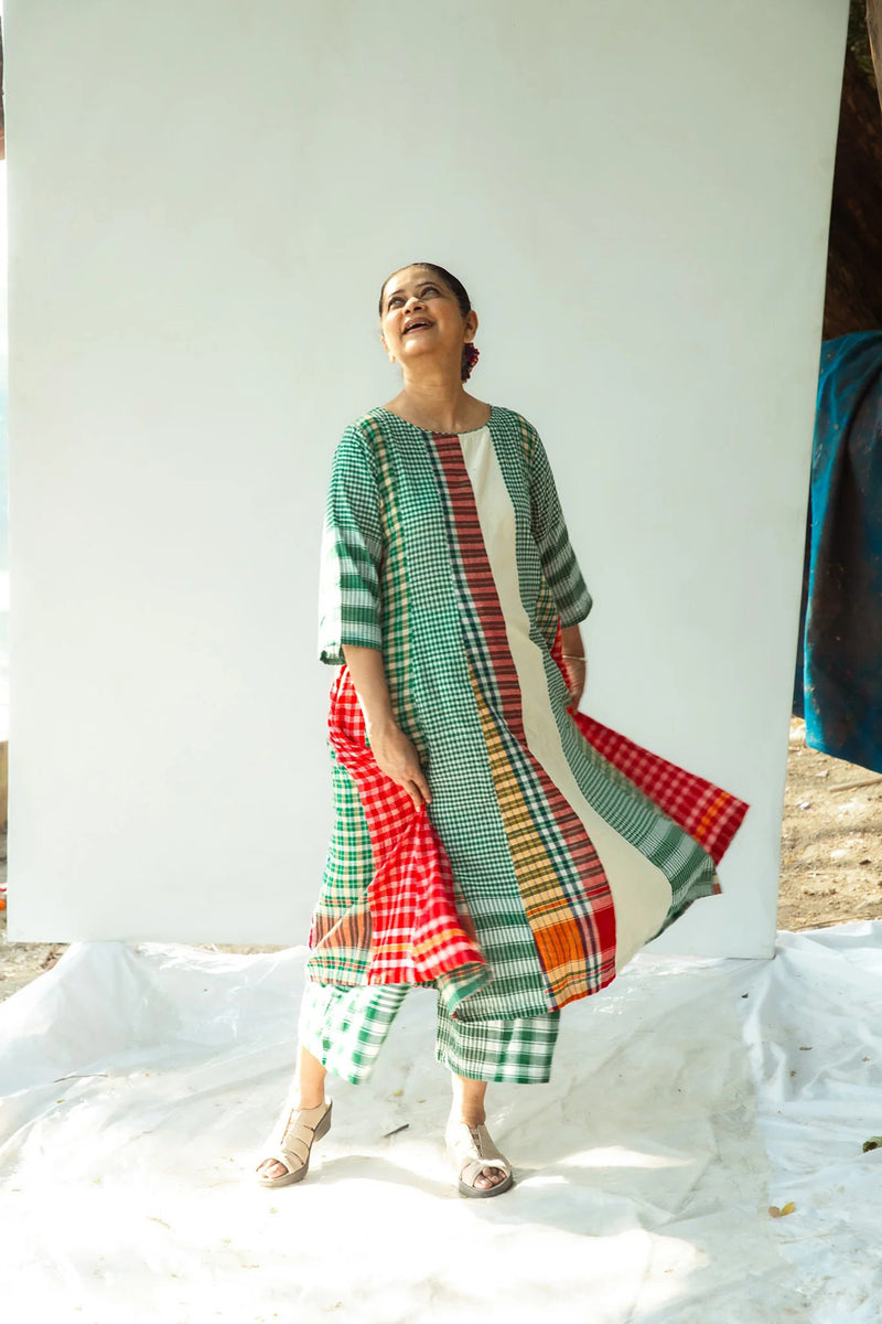 The Green Beret 16 Panelled Set cotton,gamcha co-ord set by 145 East in green for women in Singapore