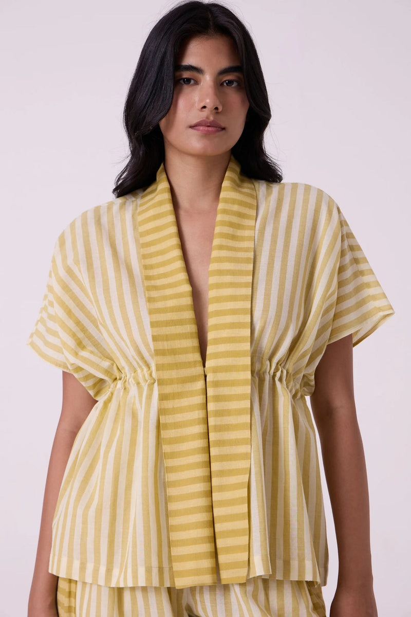 Sajith Yellow Striped Handwoven Tie Top handwoven cotton top/shirt by The Summer House in yellow for women in Singapore