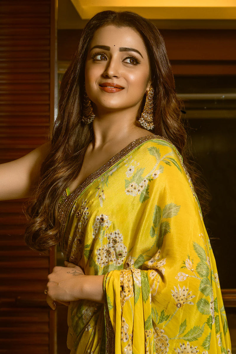 Trisha Krishnan In The Trisha Saree Set crepe saree by Paulmi & Harsh in yellow for women in Singapore