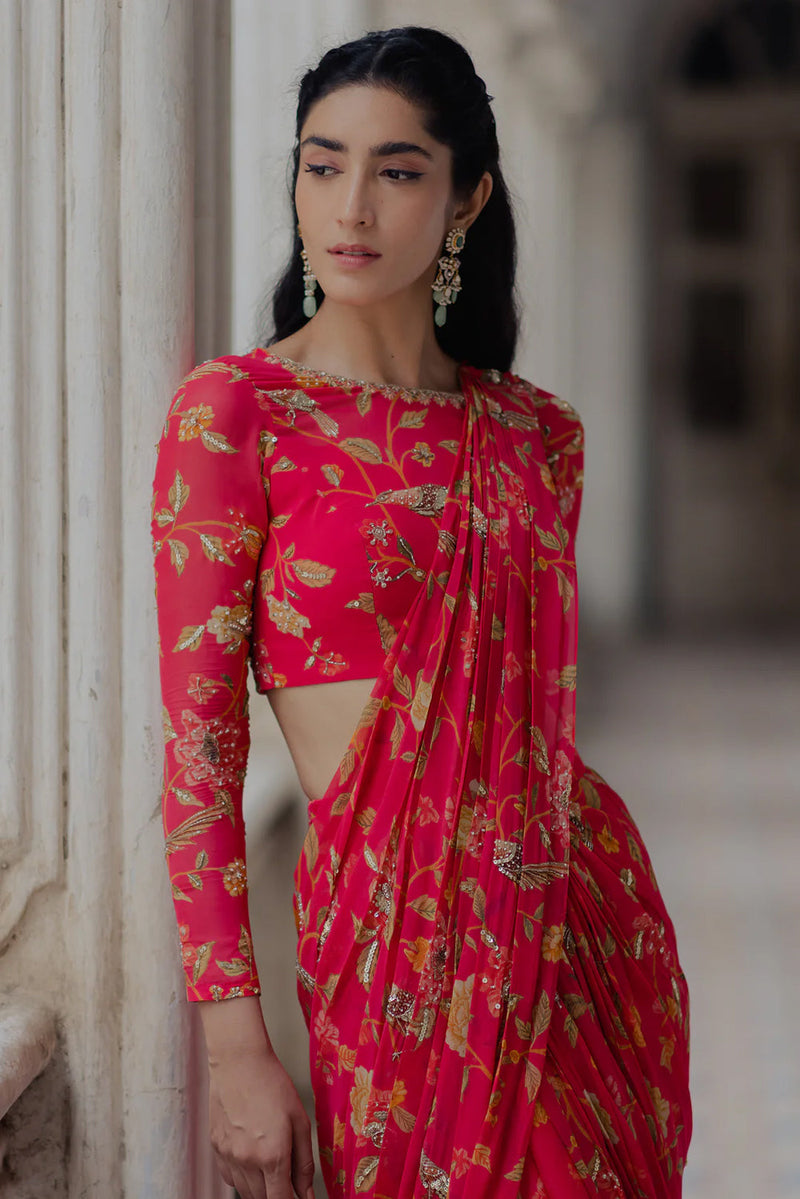 Alaia Saree Set – Peony Pink viscose georgette saree by Paulmi & Harsh in red for women in Singapore