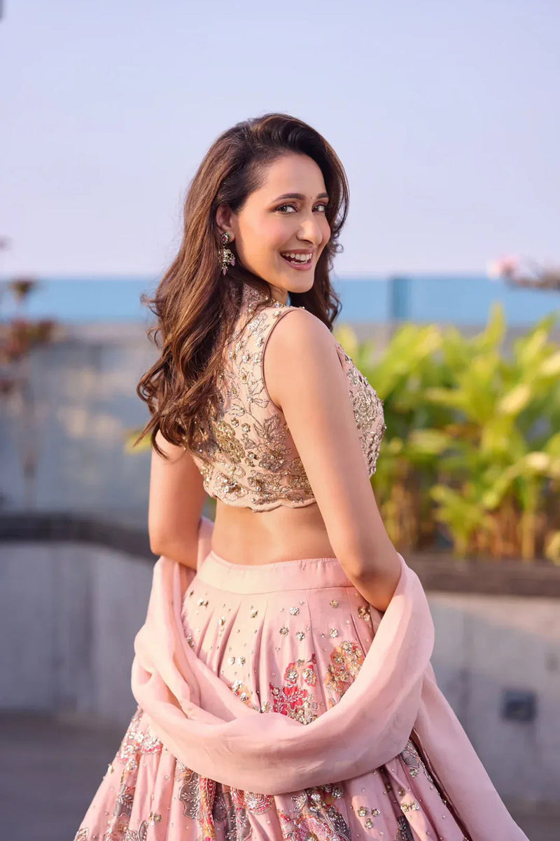 Jaiswal Pragya In The Vincenza Lehenga Set chiniya silk lehenga sets by Paulmi & Harsh in pink for women in Singapore