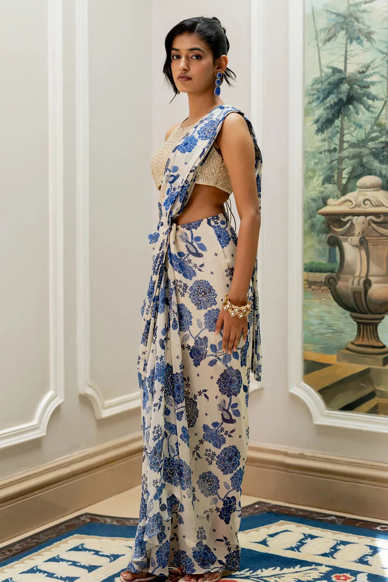 Emily Saree Set – Ivory georgette saree by Paulmi & Harsh in blue for women in Singapore