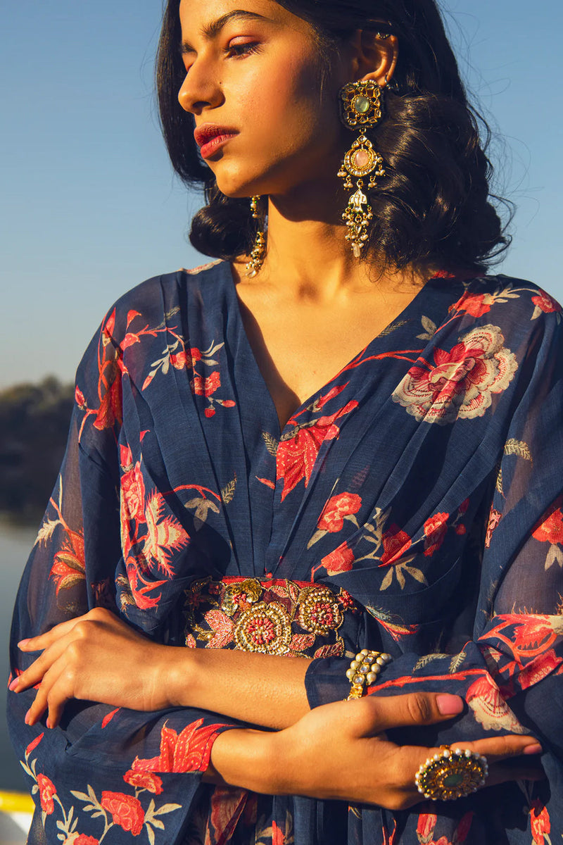 Hazel Kaftan – Indigo Chintz viscose georgette indo-western by Paulmi & Harsh in blue for women in Singapore