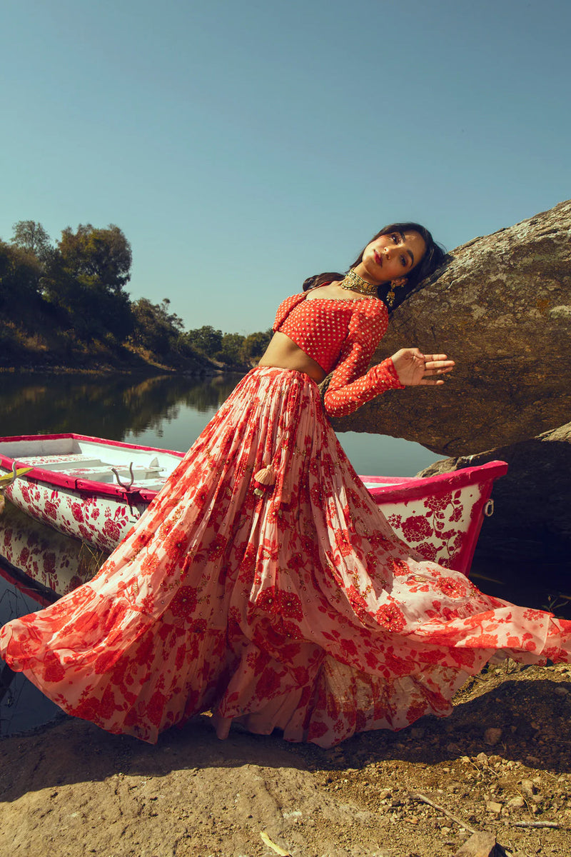 Malavika Mohanan In The Nadya Lehenga Set viscose georgette lehenga sets by Paulmi & Harsh in orange for women in Singapore
