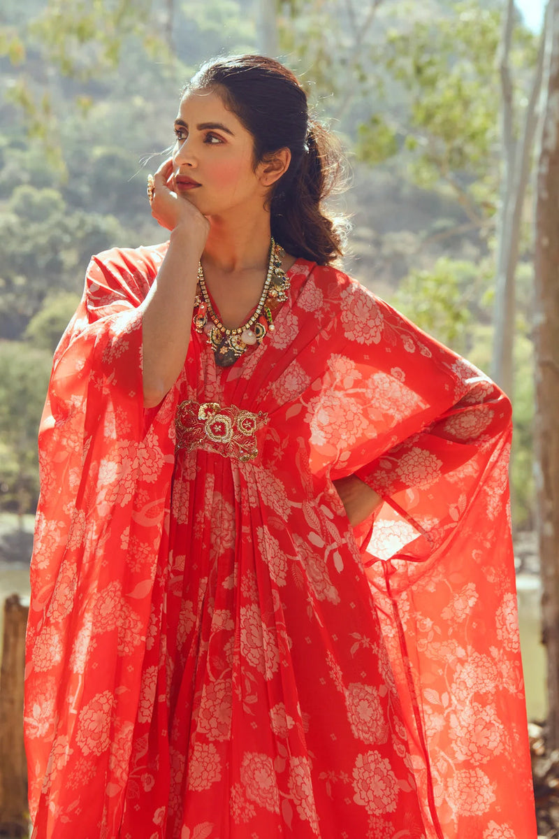 Hazel Kaftan – Red viscose georgette indo-western by Paulmi & Harsh in orange for women in Singapore
